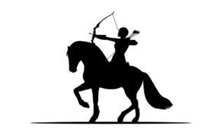 an archer sitting on horse back and throwing arrow